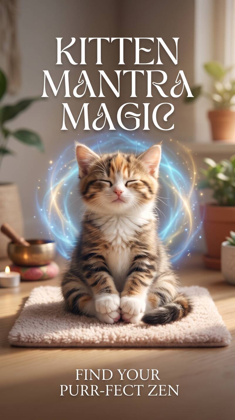 An adorable kitten sitting peacefully on a cozy mat with eyes closed, surrounded by a soft glowing aura. Text overlays read 'KITTEN MANTRA MAGIC' at the top and 'FIND YOUR PURR-FECT ZEN' at the bottom.