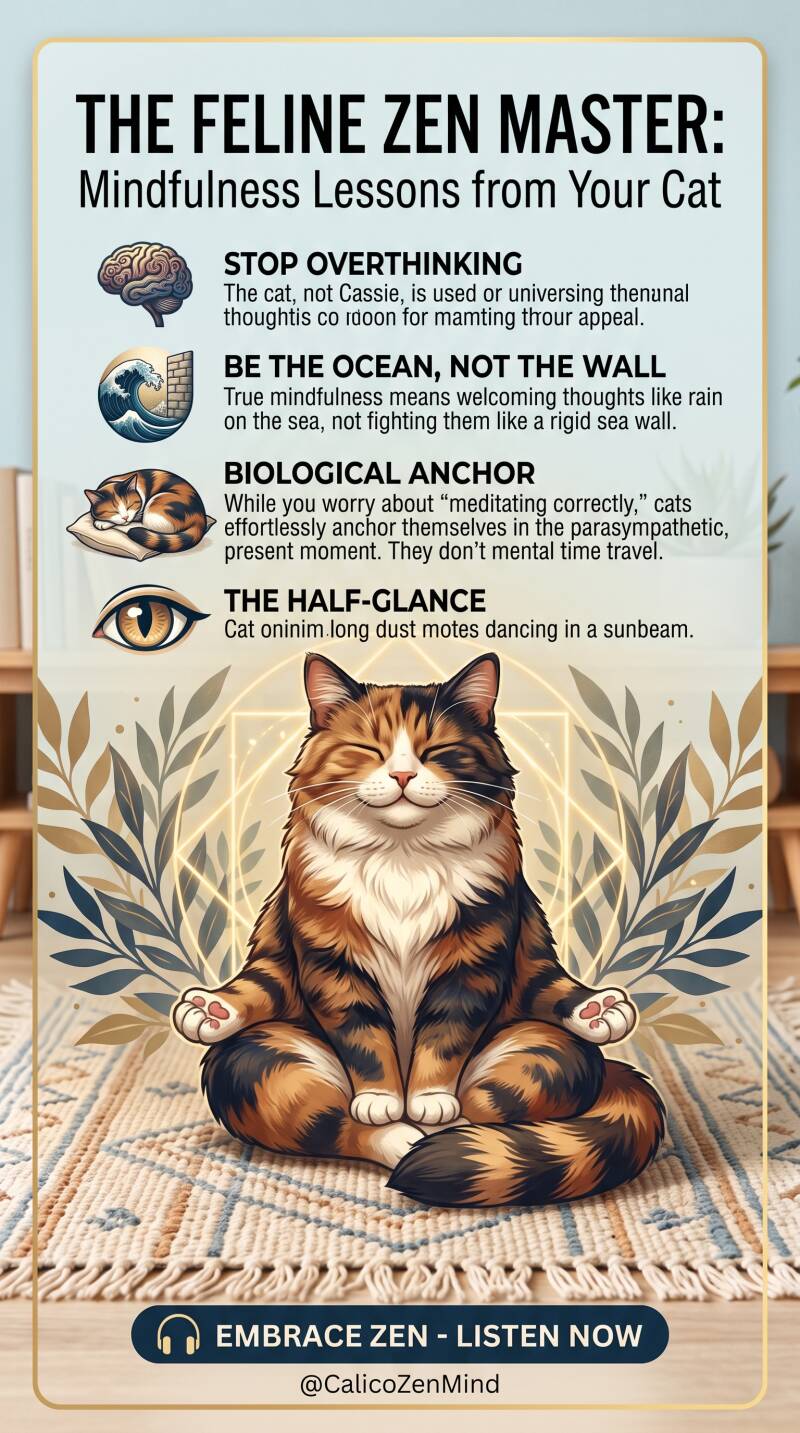 Infographic titled 'The Feline Zen Master' featuring a fluffy calico cat meditating in a lotus pose on a rug, with mindfulness tips and icons.