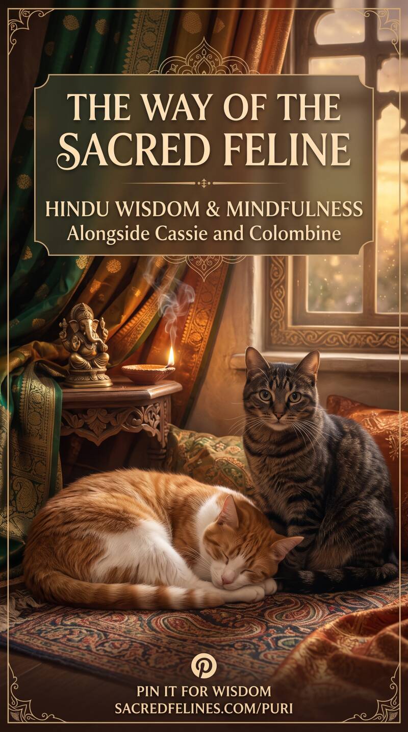 Pinterest pin about Hindu wisdom with a sleeping ginger cat and a tabby cat near a Ganesha statue and window at sunset.