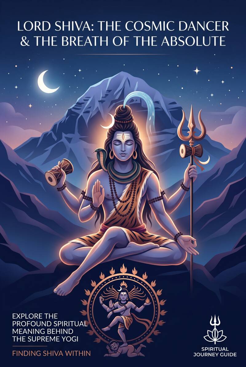 Vertical digital illustration of the Hindu god Shiva meditating atop Mount Kailash, with a glowing golden light around his third eye, a crescent moon in his hair from which the Ganges river flows, and an intricate depiction of Shiva Nataraja dancing