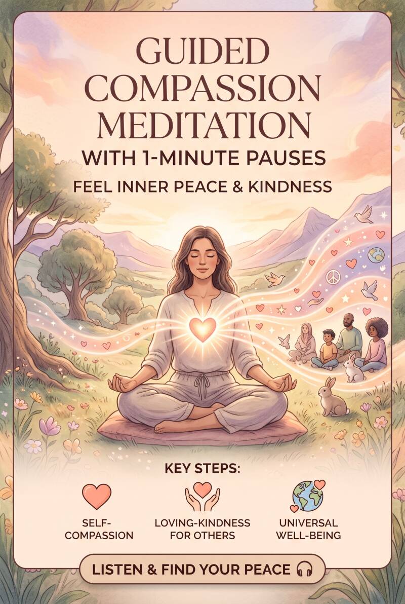 A vertical pastel illustration of a woman meditating in a peaceful nature setting with a glowing heart. The text reads "Guided Compassion Meditation with 1-Minute Pauses" and shows three key steps (Self-Compassion, Loving-Kindness, Universal Well-Being) w