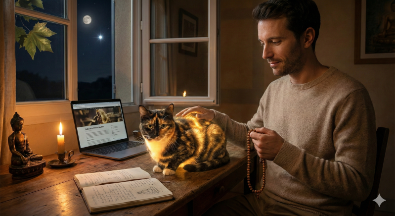 a picture of a cat, a man, a serious star, the moon, and a shining cat