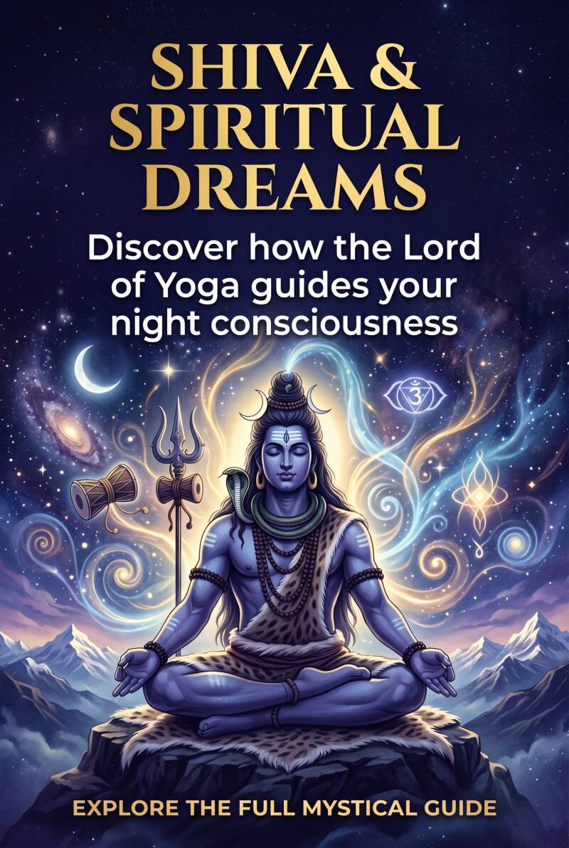 Graphic design of a Pinterest pin featuring Lord Shiva meditating on a mountain peak under a starry night sky with galaxies, with the text "Shiva & Spiritual Dreams: Discover how the Lord of Yoga guides your night consciousness