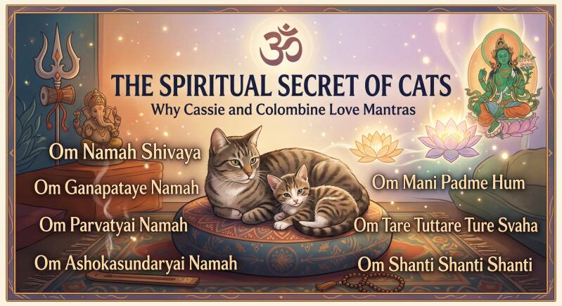 wo cats resting in a zen spiritual room with Hindu and Buddhist symbols, lotus flowers, and sacred mantras for a blog article about feline spirituality