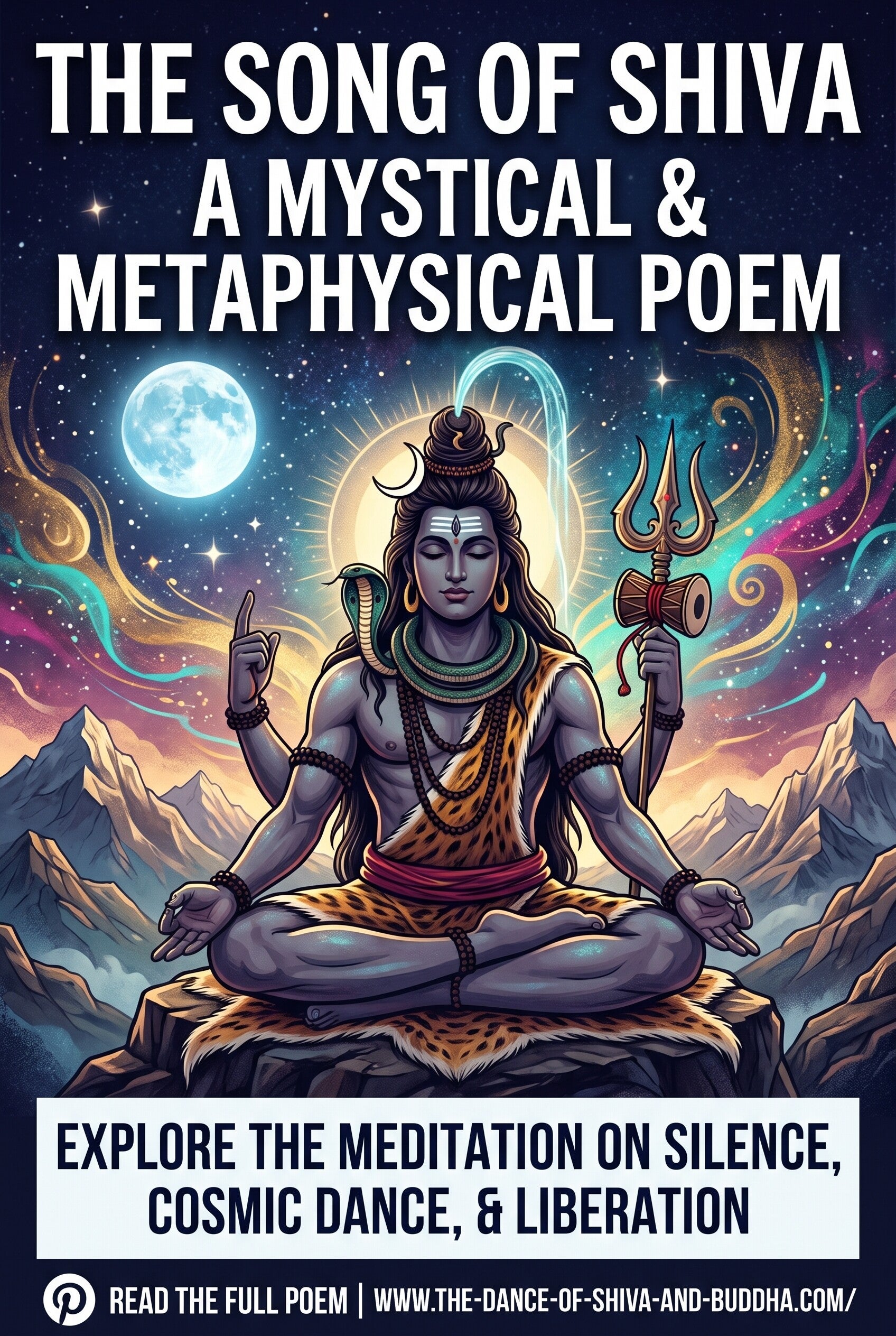 Meditating Lord Shiva on a mountain peak with a glowing cosmic background, a crescent moon, and his trident, featuring text overlay for a poem.