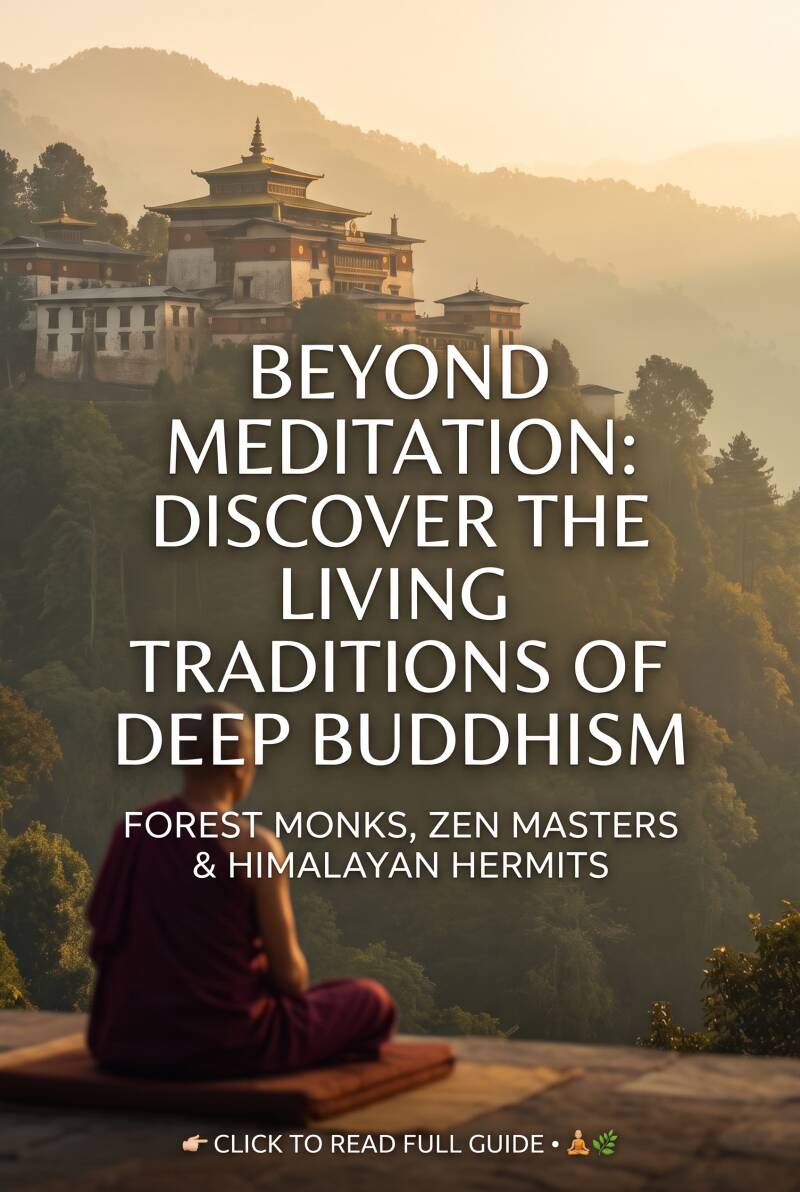 Buddhist monk meditating in front of misty mountains and a temple, with Pinterest text overlay.