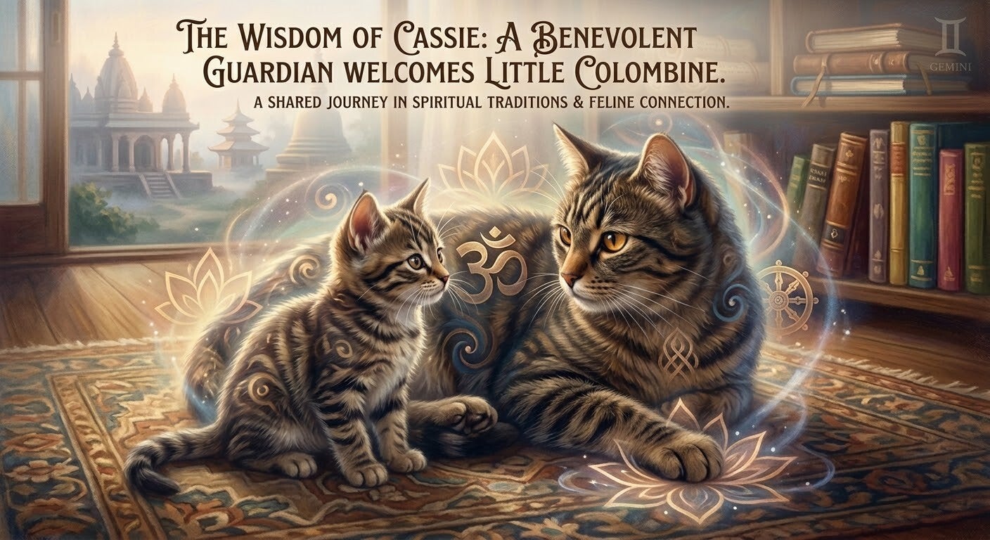 The Wisdom of Cassie: A benevolent guardian cat welcoming the new kitten Colombine in a serene, spiritual atmosphere.