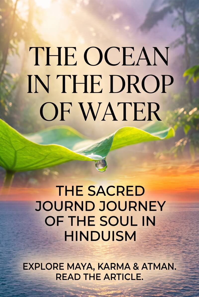 Pinterest pin featuring a water droplet on a green leaf with an ocean sunset background and text about the journey of the soul in Hinduism.