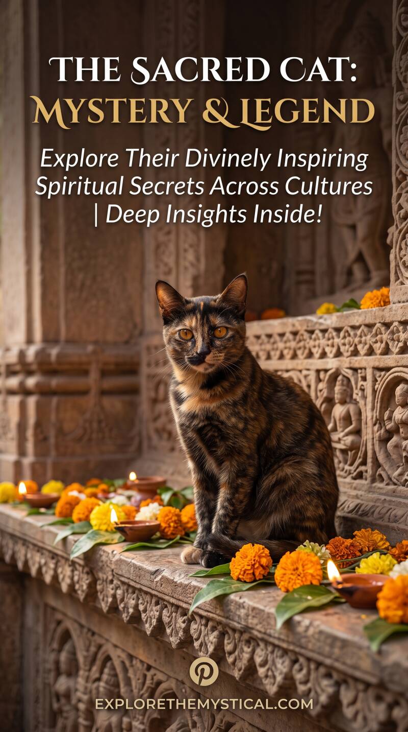 A vertical Pinterest pin featuring a tortoiseshell cat sitting elegantly on the carved stone ledge of a traditional temple. In front of the cat, small clay oil lamps (diyas) are lit alongside vibrant orange and yellow marigold flower garlands. 