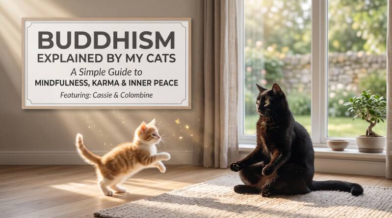 A black cat meditating and a ginger kitten playing in a sunbeam, next to a framed sign reading "Buddhism Explained by My Cats