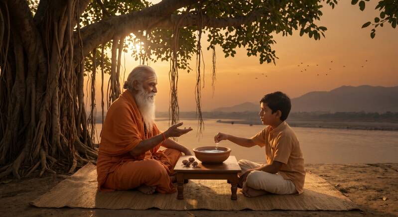 An ancient Indian guru instructing his disciple about Hindu philosophy and Upanishad wisdom under a banyan tree at sunset.