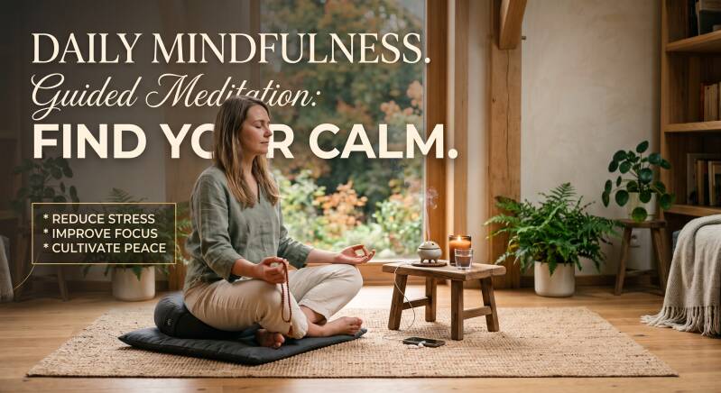 A woman meditating serenely in a lotus position on a floor cushion, eyes closed and mind at peace. She is in a warm, bright wooden interior looking out onto an autumn nature scene. Elegant text is overlaid: "Daily Mindfulness. Guided Meditation: Find Your