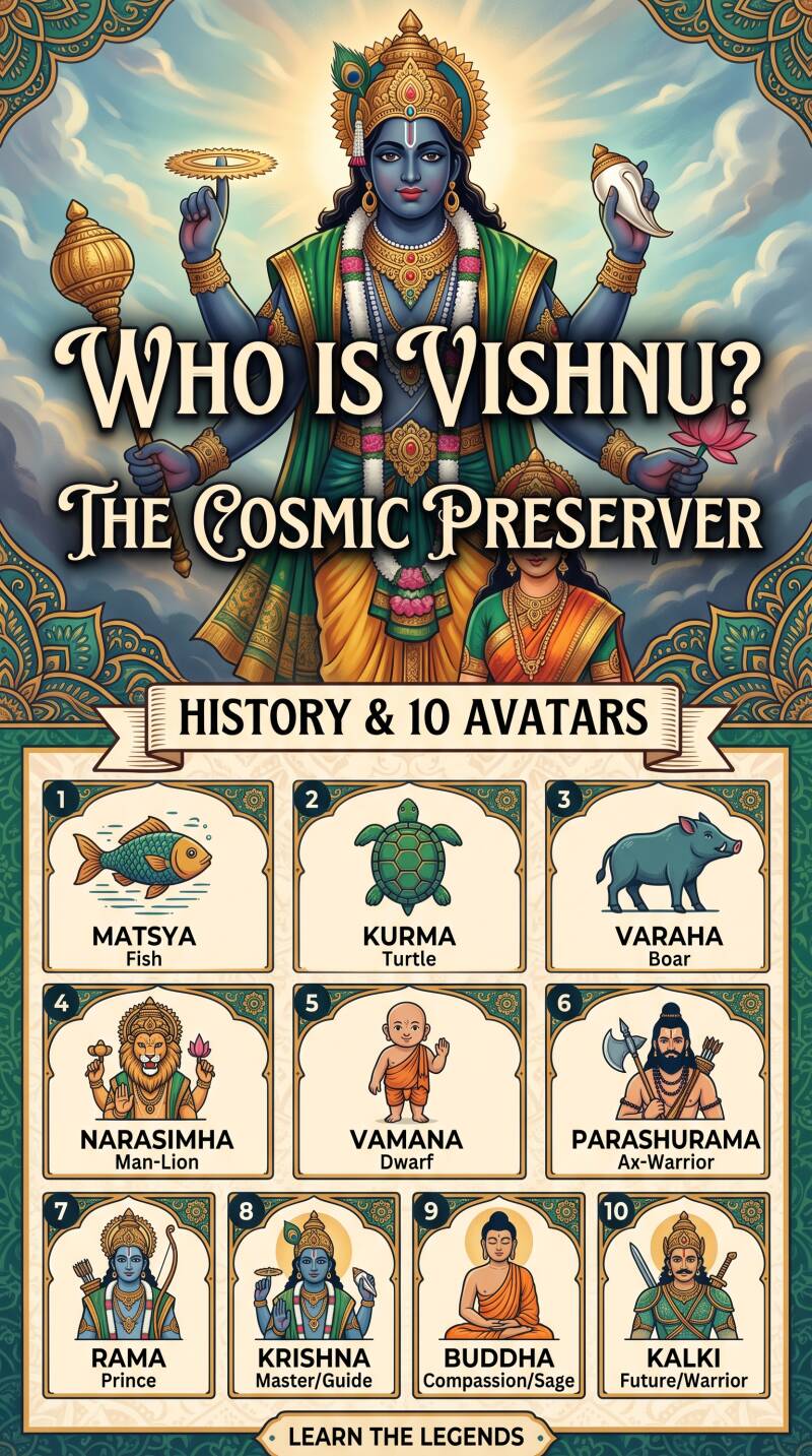 Pinterest infographic "Who is Vishnu?" featuring the Hindu god Vishnu and his 10 avatars.