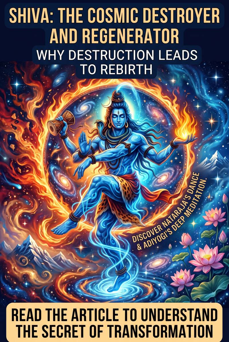 Lord Shiva Nataraja performing cosmic dance in fire with article text about destruction and rebirth.