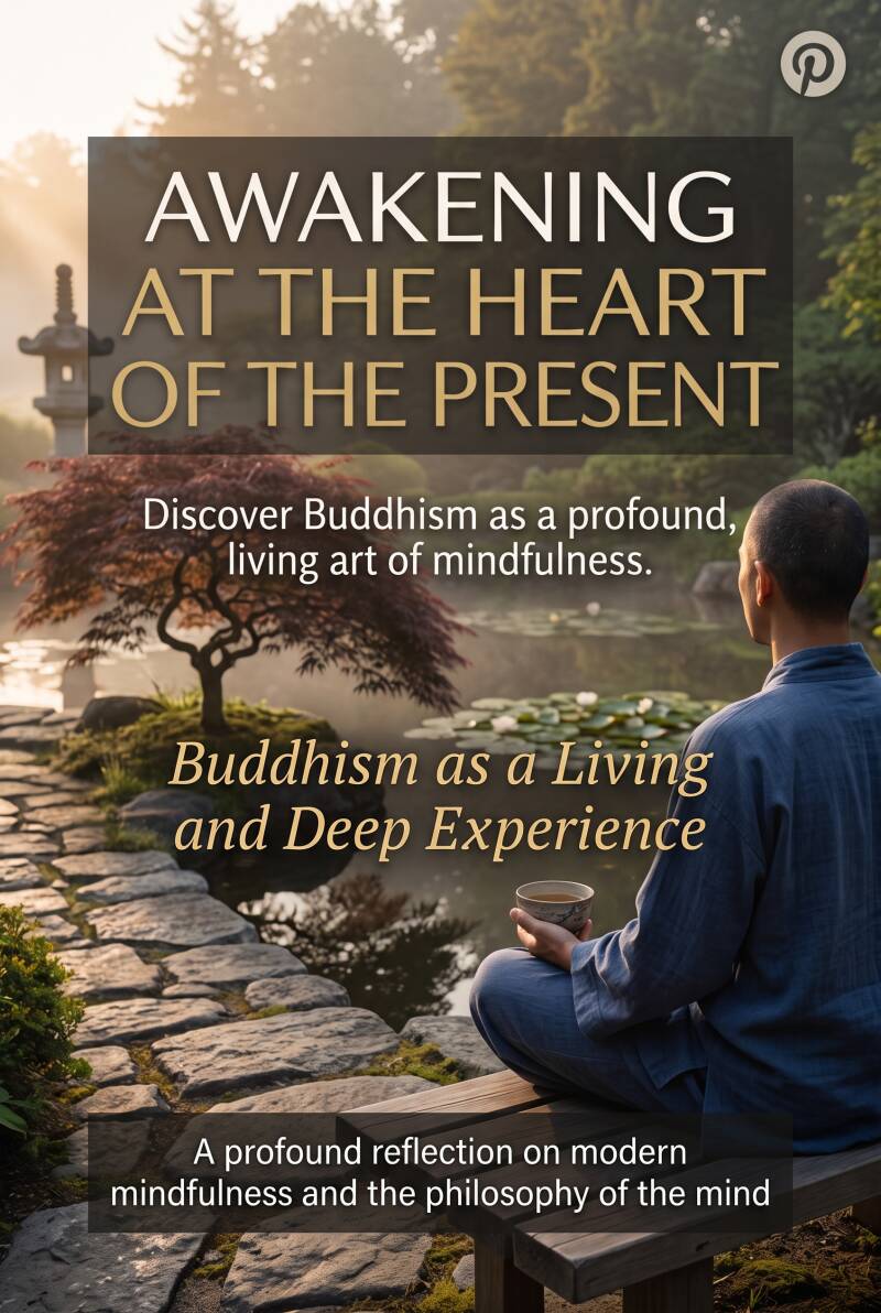 An accessible Pinterest graphic showing the back view of a meditator looking out over a serene zen garden with a pond, water lilies, and a small Japanese maple tree. Overlay text reads "Awakening at the Heart of the Present" and a call to action at the bo