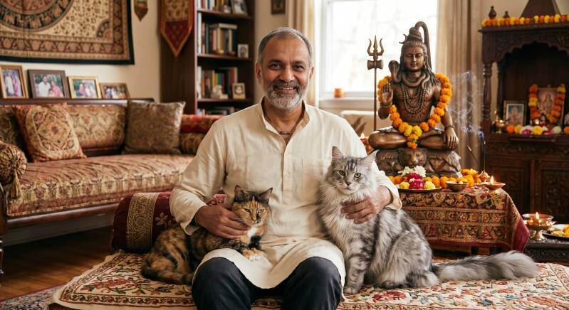 A smiling father sitting in a warm home temple setting, holding a tortoiseshell cat and a large silver Maine Coon cat, with a bronze statue of Lord Shiva adorned with flowers in the background.