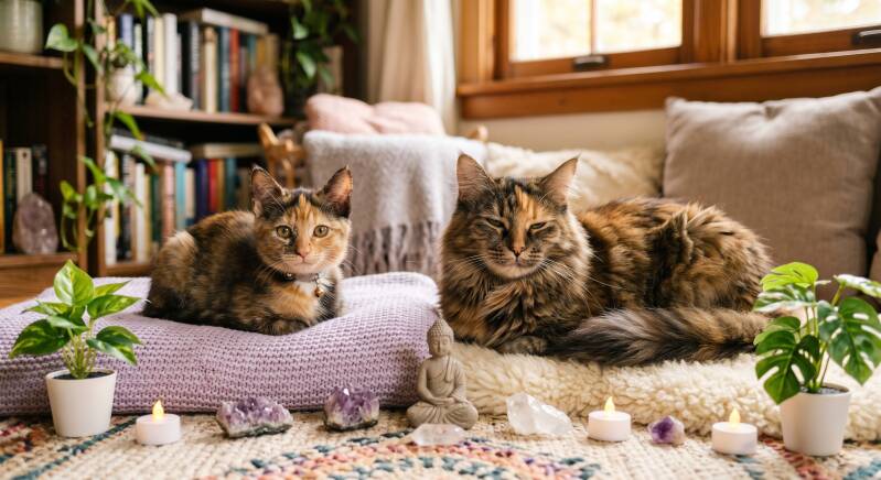 The kitten Colombien and the majestic Cassie resting side-by-side in a Zen meditation setting, surrounded by lit candles, amethyst crystals, and a small Buddha statue.