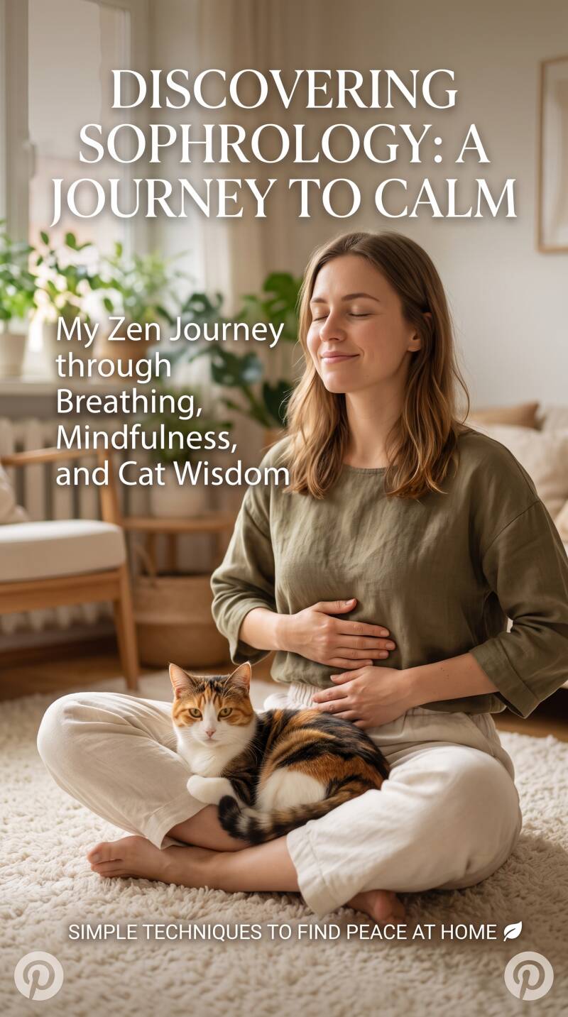 A woman sitting cross-legged on a rug practicing abdominal breathing with a calico cat on her lap, with text overlay "Discovering Sophrology: A Journey to Calm