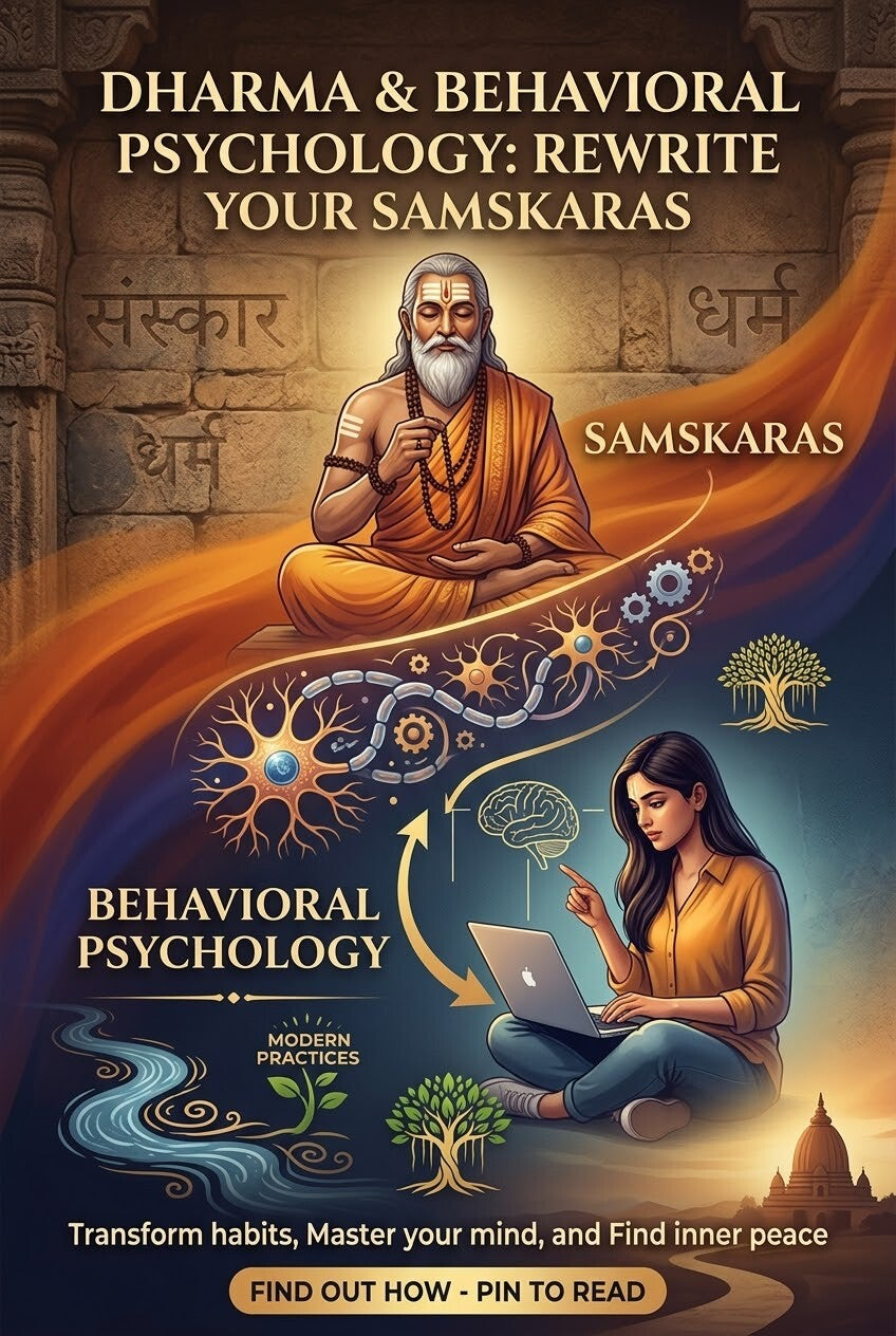 Vertical illustration comparing Vedic wisdom and modern science. At the top, an Indian sage meditates in front of an engraved stone wall. At the bottom, a woman works on her laptop with a brain and neuron infographic. Text reads: "Dharma & Behavioral 