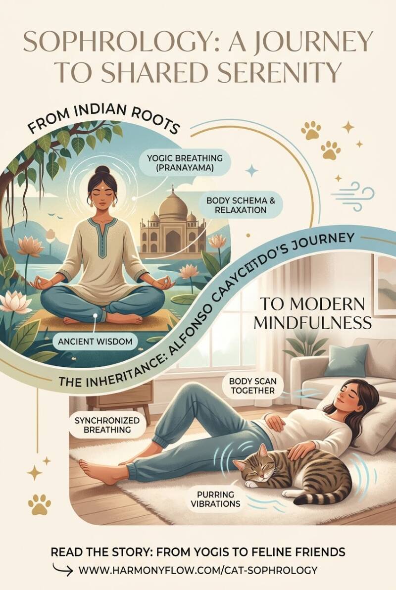 Pinterest infographic showing the Indian origins of sophrology with a woman meditating, and its modern practice with a woman and her cat relaxing together in a living room.