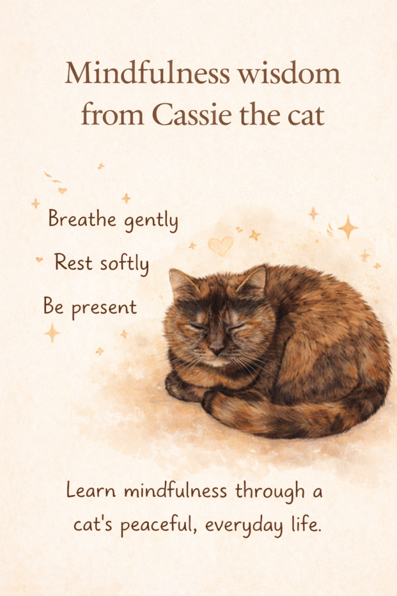 A warm beige mindfulness poster featuring Cassie the tortoiseshell cat resting peacefully, with the text “Mindfulness wisdom from Cassie the cat” and gentle reminders: “Breathe gently, Rest softly, Be present
