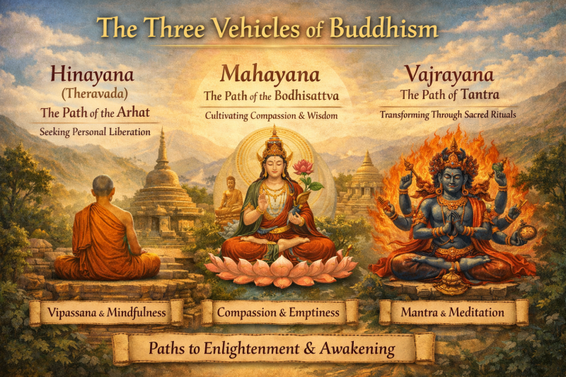Illustration showing the three vehicles of Buddhism: Hinayana (Theravada) with a meditating monk, Mahayana with a bodhisattva on a lotus, and Vajrayana with a tantric deity, set in a calm temple landscape.