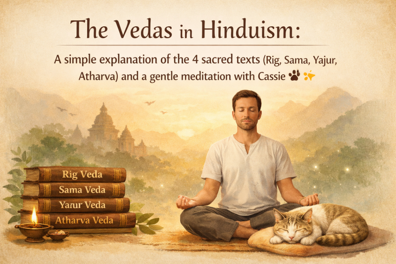 Calming illustration of a person meditating beside a sleeping cat named Cassie, with the title “The Vedas in Hinduism” and four sacred texts listed: Rig Veda, Sama Veda, Yajur Veda, and Atharva Veda, in a soft golden temple-and-mountains background. 🐾📜