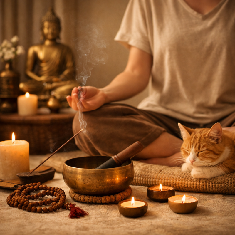 A calm Tibetan meditation with mantras, candles, a singing bowl, and a relaxed cat in a peaceful room.