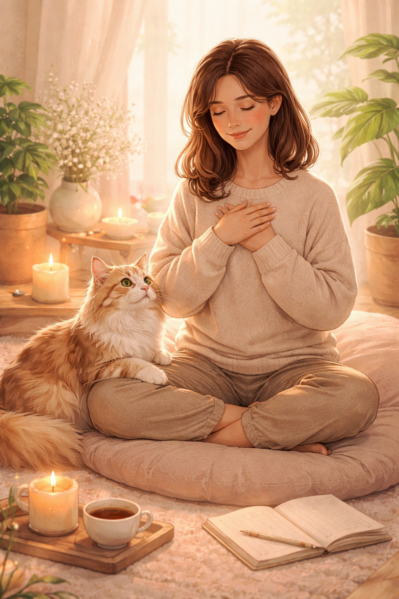 A peaceful mindfulness moment with a person meditating on a cushion while a fluffy Maine Coon cat named Cassie sits beside them, creating a calm and comforting atmosphere.