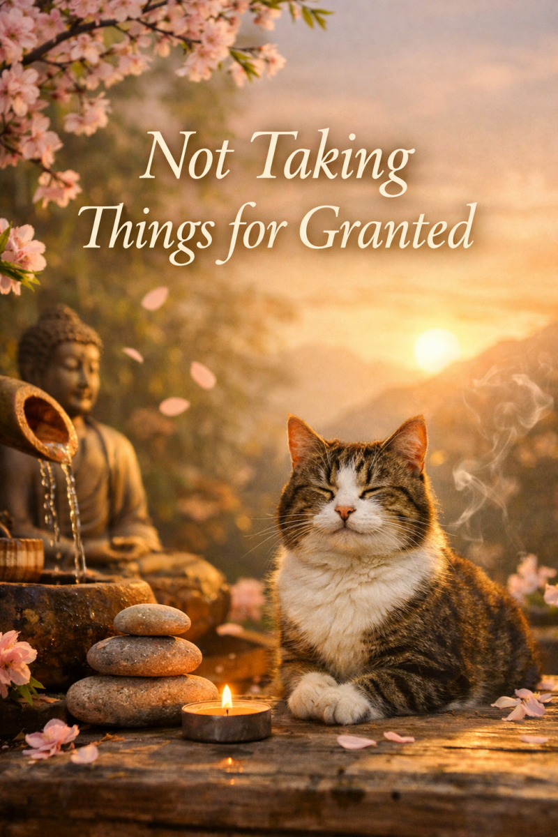 Buddhist-inspired meditation scene with cat and gentle reminder to appreciate life.