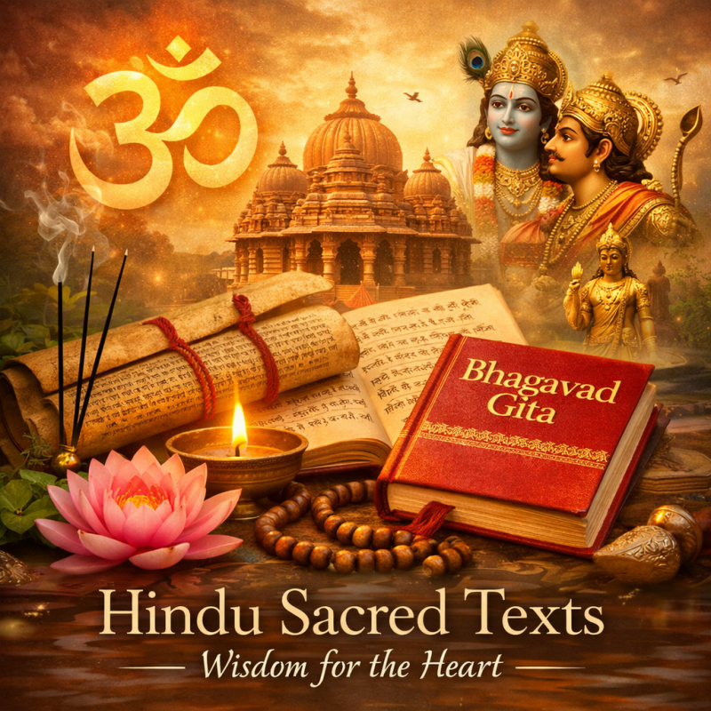 Hindu sacred texts illustration with an open Bhagavad Gita, a rolled Vedas scroll, glowing Om symbol, lotus flower, diya lamp, and a temple background in warm golden light.