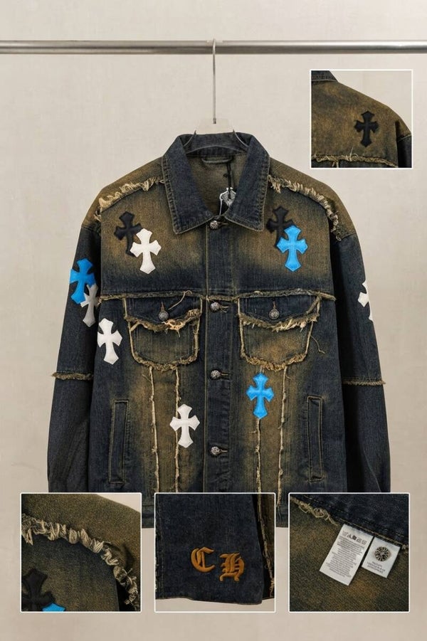 Chrome Hearts Inspired Distressed Denim Jacket