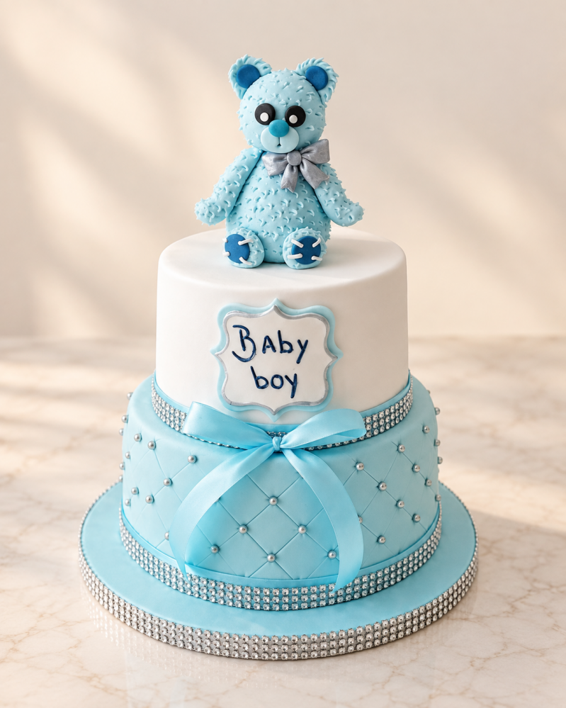 Blue and white baby shower cake with a handmade teddy bear topper