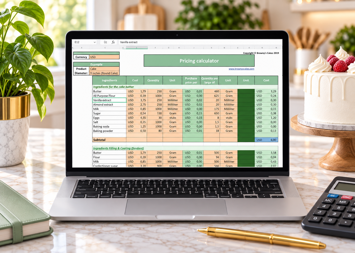 Cake Pricing Calculator for bakers displayed on a laptop beside a decorated cake