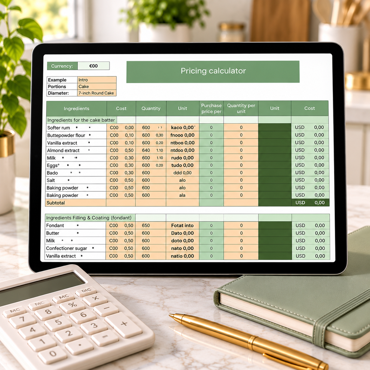 Cake Pricing Calculator displayed on a tablet with a calculator and business planner
