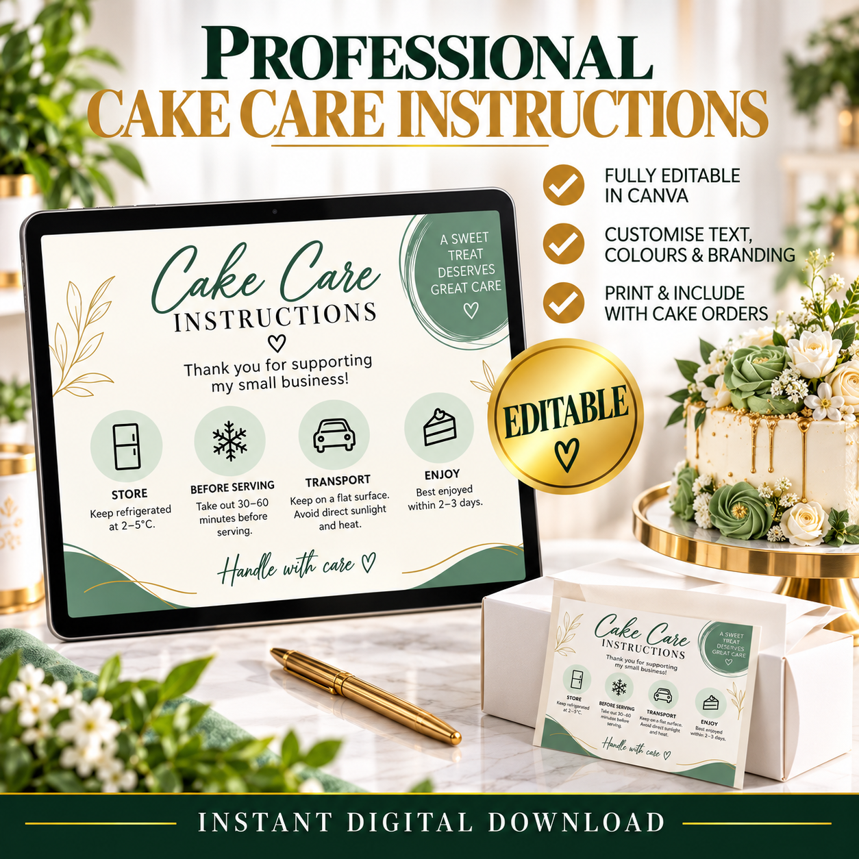 Editable Cake Care Card Template – Canva