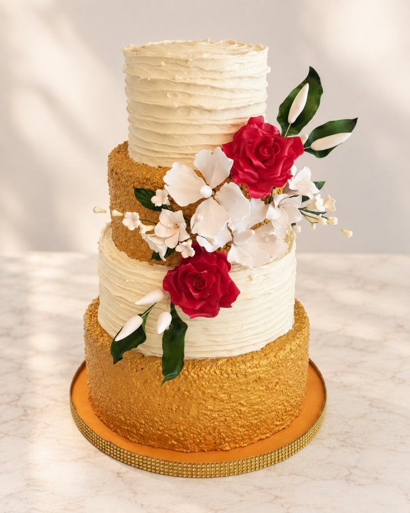 Four-tier white and gold wedding cake decorated with red and white sugar flowers