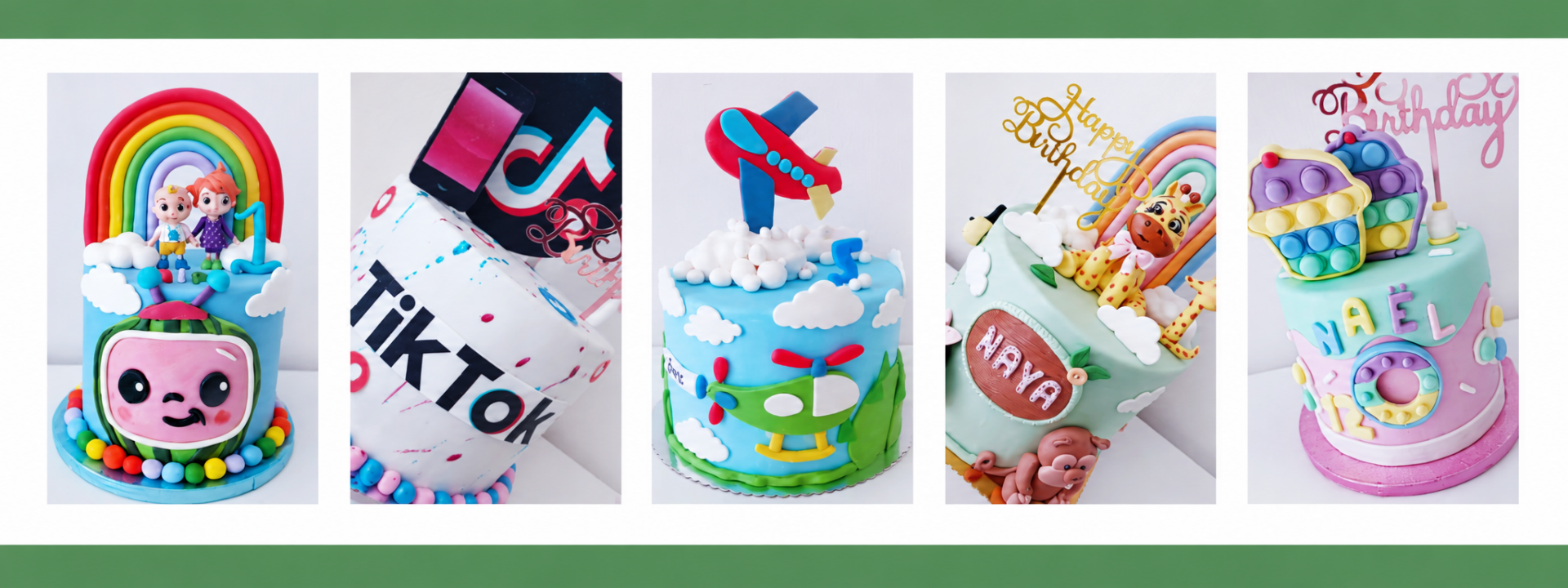 A selection of colourful custom cakes handcrafted by Browny’s Cakes