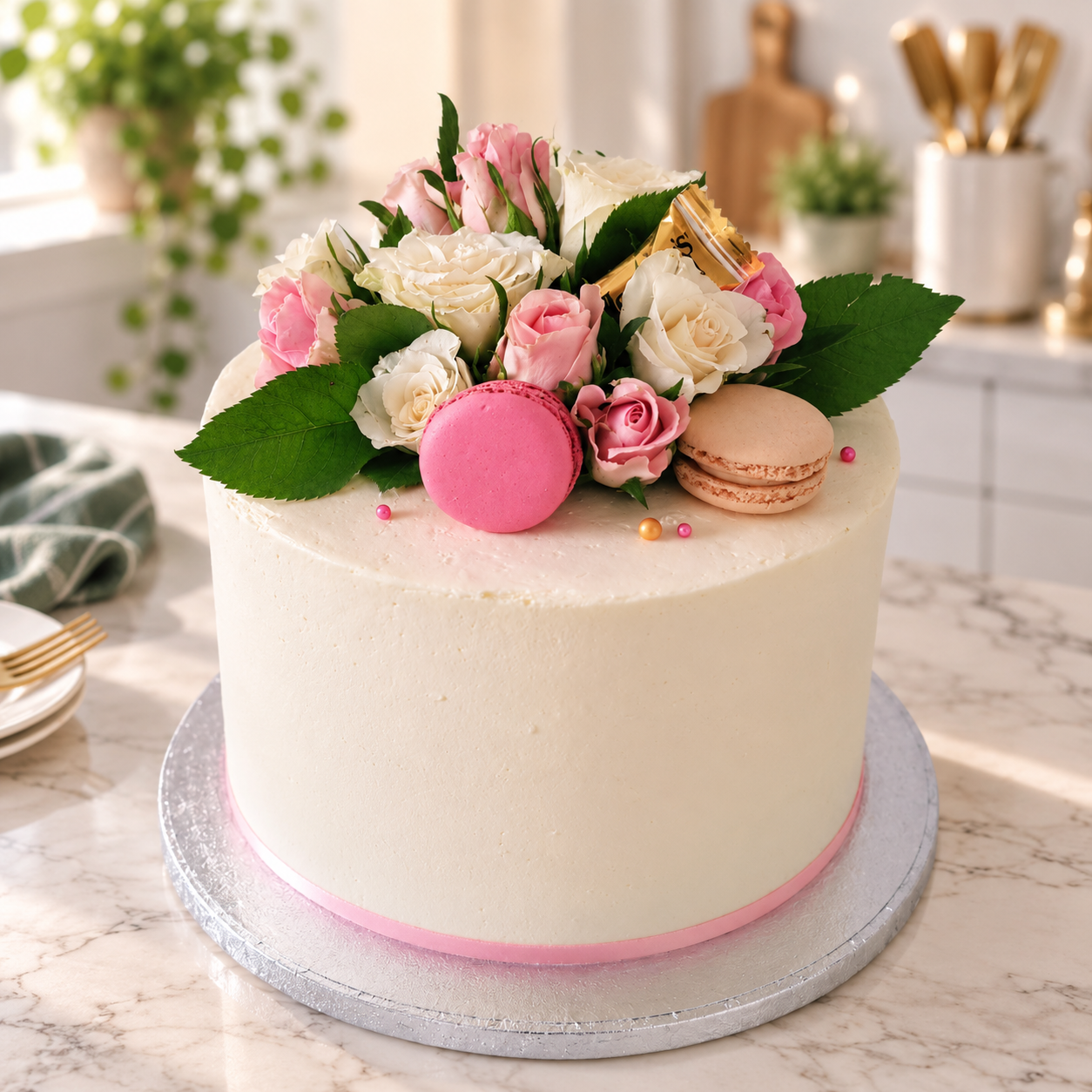 White custom cake decorated with flowers and macarons by Browny’s Cakes