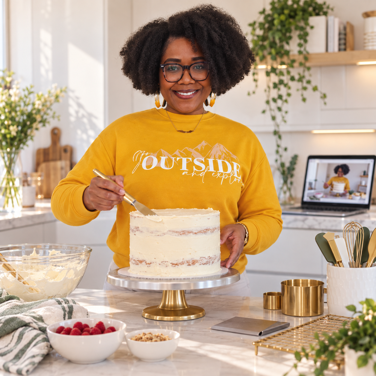 Ludinaira demonstrating how to frost a cake during an online baking workshop