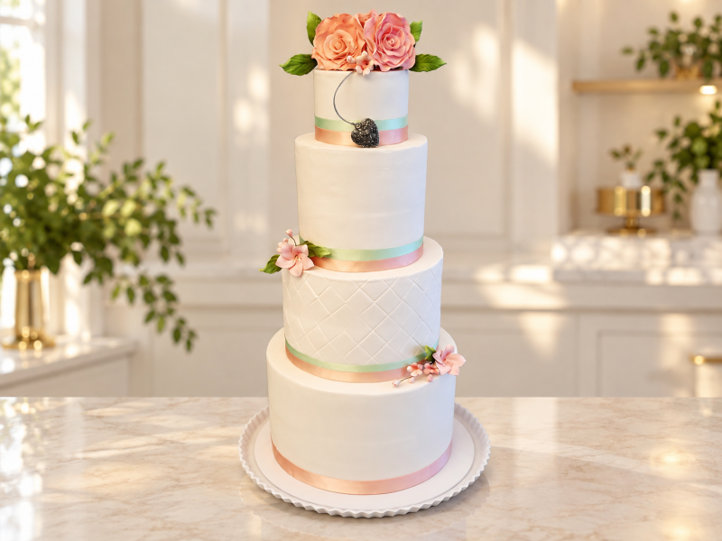 Four-tier white custom celebration cake with pastel ribbons and handmade sugar flowers
