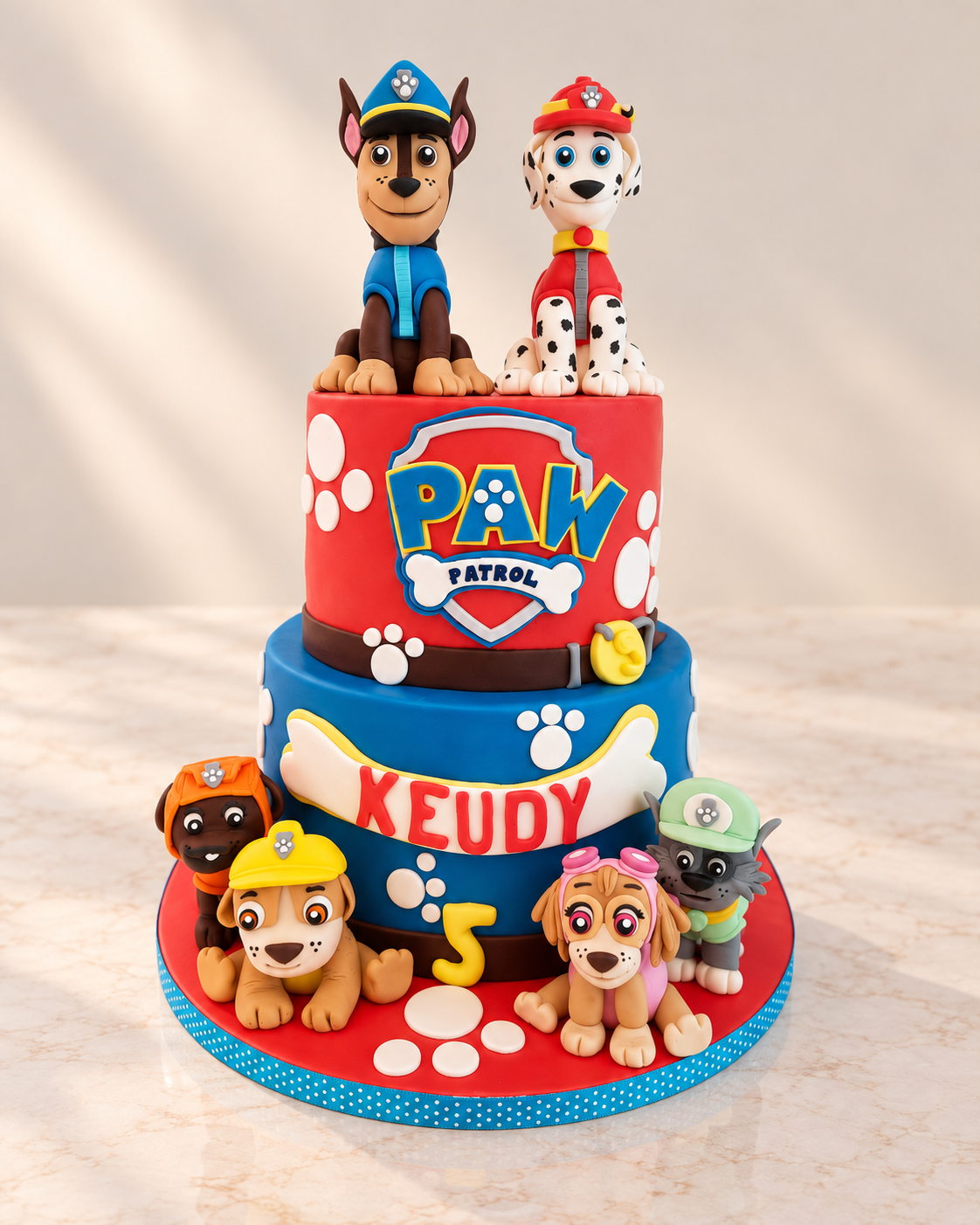 Two-tier Paw Patrol children’s birthday cake with handmade dog figures and the name Keudy
