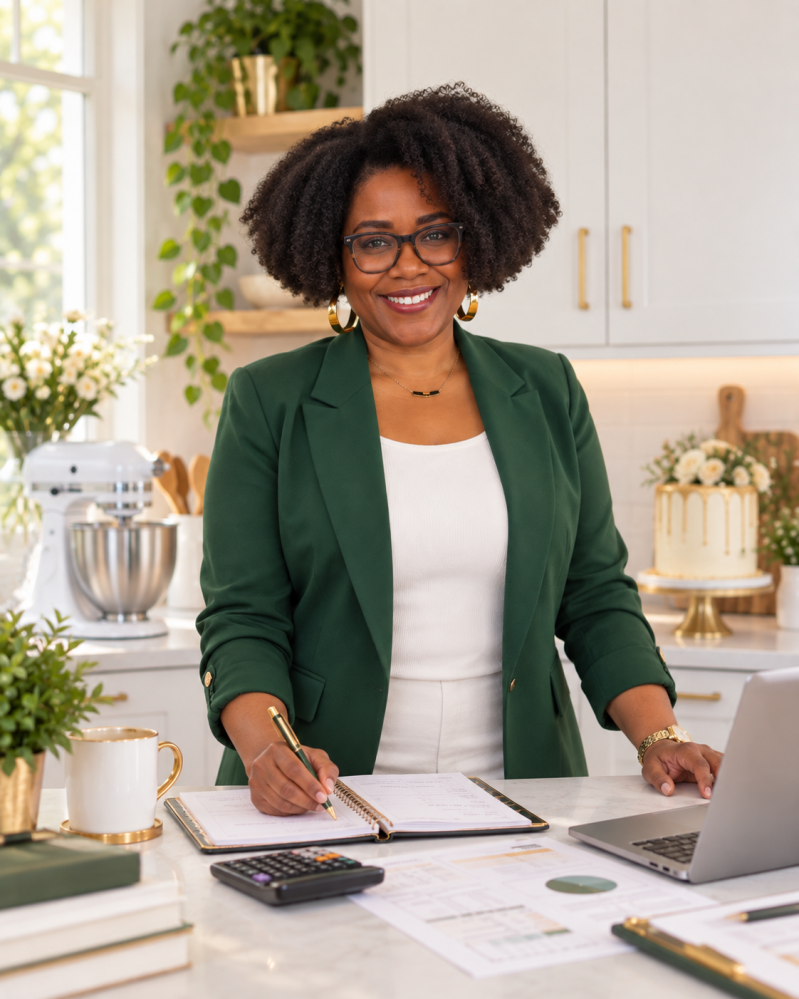 Ludinaira Roberto providing cake business coaching and financial guidance from her professional workspace