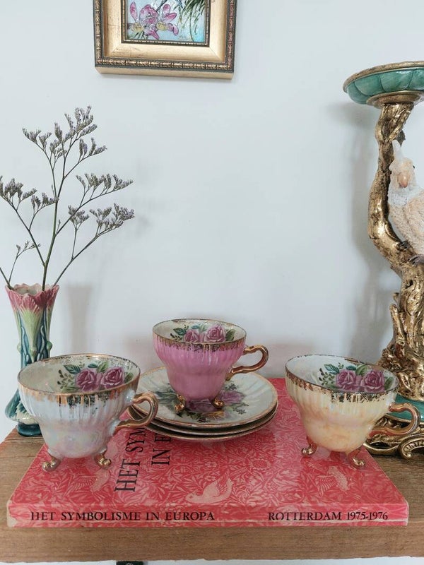 Vintage kop en schotels roos