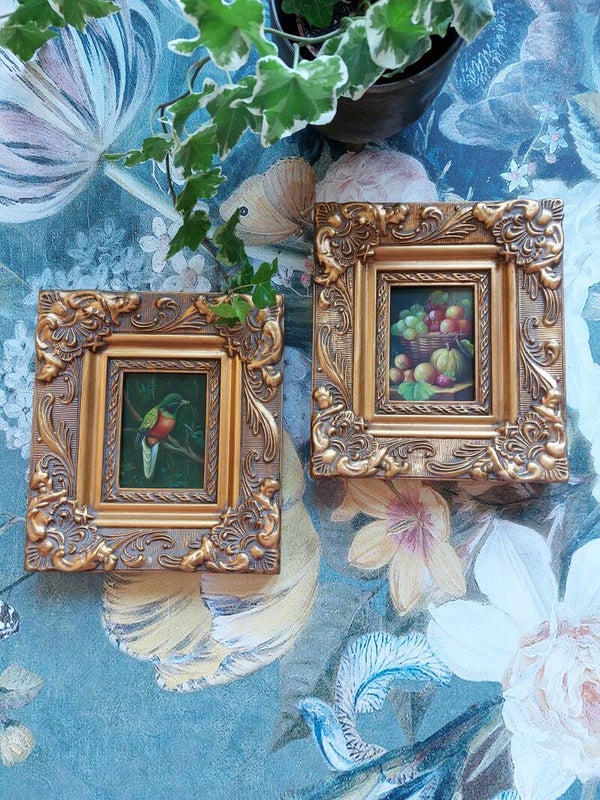 Houten schilderijtjes fruit&vogel