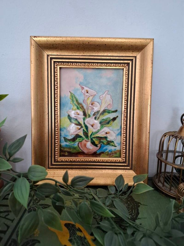 Frans Schilderij kelk bloemen emaille