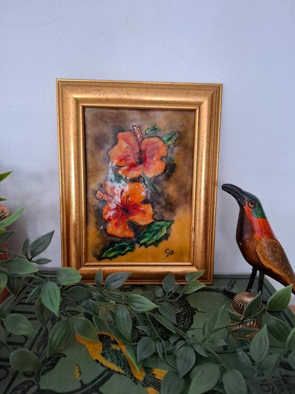 Frans Schilderij kelk bloemen emaille