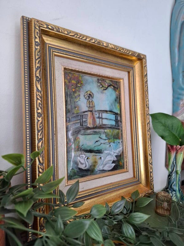 Frans Emaille schilderij dame met zwanen