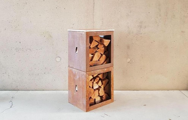 Woodchuck box houtopslag in cortenstaal met zitbank