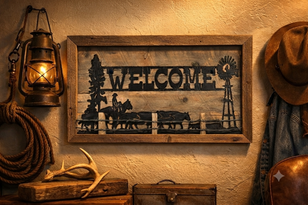 Rustic Western Welcome Sign – Cowboy Horse & Windmill Wall Art – Farmhouse Entryway Décor – Country Home Gift